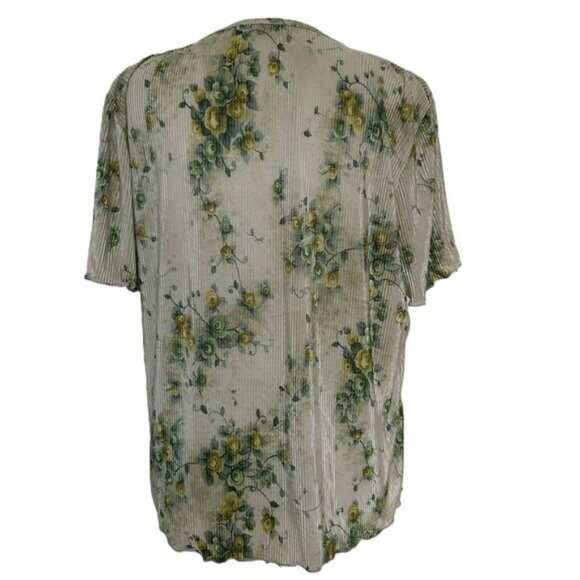 Y2K Satin Micro Pleated Top Size XL Green Floral V Neck Vintage - Picture 2 of 6